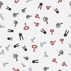 Set line Blacksmith pliers tool, Medieval axe, Metallic nails and Sledgehammer on seamless pattern. Vector