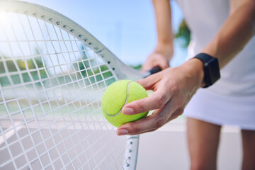 Closeup tennis ball, racket and sport for fit, active and healthy player training and exercising...