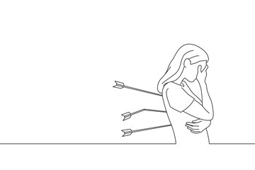 Illustration of woman bows down and is sad an arrow is stuck on her back. One line art