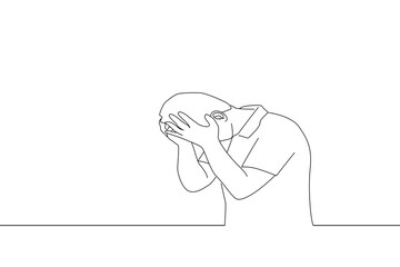 Cartoon of sad man with depression. One line art