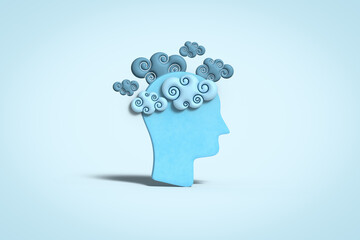 Head with stylised blue clouds, brain fog, long covid, depression, mental disorder, confusion, loss of concentration, dementia concept. 3D illustration - obrazy, fototapety, plakaty
