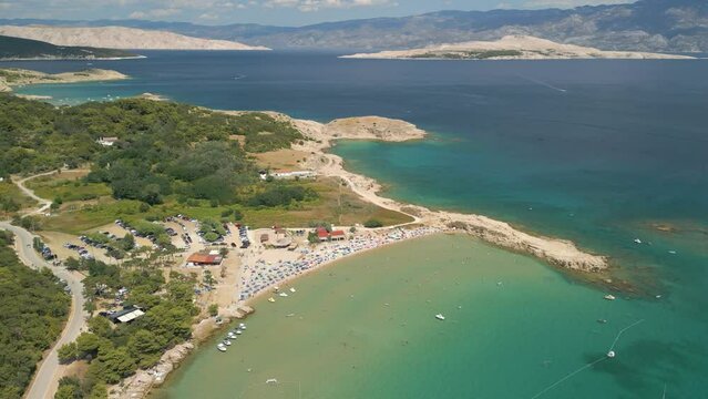 Aerial view of Croatian coastline with scenic wilderness coastline and priest sea water with sail boat ant luxury yacht moored in travel holiday summer destination in europe 