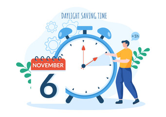 Daylight Savings Time Hand Drawn Flat Cartoon Illustration with Alarm Clock or Calendar from Summer to Spring Forward Design