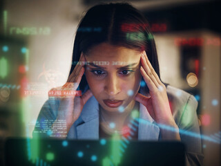 Headache, stressed and serious frustrated finance trader feeling bad, tired and unhappy with her...