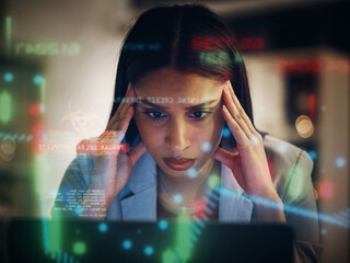 Headache, stressed and serious frustrated finance trader feeling bad, tired and unhappy with her financial stock investments. Upset, worried and worried female thinking while working on her computer - Powered by Adobe