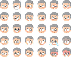 色々な表情のシニア男性の顔のイラストセット