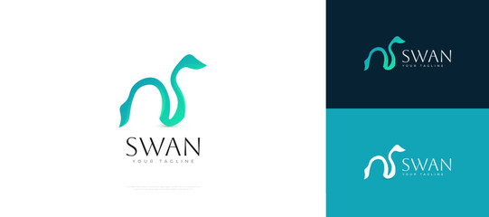 Beautiful Swan Logo Design in Blue and Green Gradient Style. Elegant Goose or Duck Logo Icon