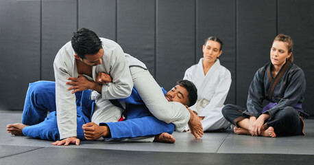 Fight, karate class and martial arts teamwork in competition, challenge or self defense sport in...