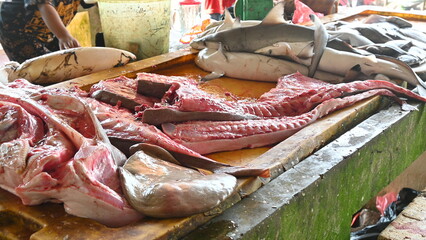 fish in a market. stingrays and small sharks sold in traditional markets in Bangka, Indonesia. 