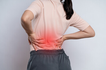 Asian woman was sick and pain touching body with red spot, isolated on white background.