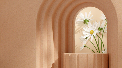 3d rendering mockup template brown color terrazzo texture podium in landscape with daisy and arch