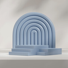 Obraz premium Mockup 3d rendering of blue stair podium in square with boho rainbow and white background wall 