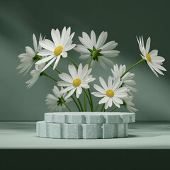 Square layout 3d rendering mockup image of green terrazzo podium with daisy flower background
