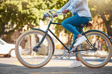 Adventure, street travel and bike break outdoor in urban city in summer. Woman with vintage bicycle...