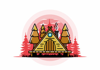 Triangle wooden cabin between pine tress illustration design