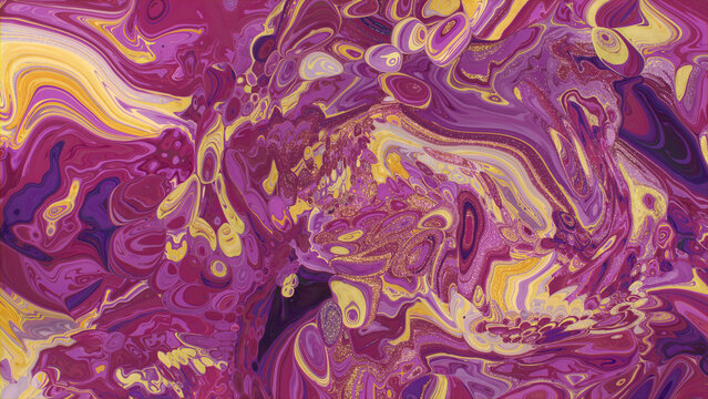 Modern Design Background. Liquid Swirls in Beautiful Purple and Yellow colors, with Gold Glitter.