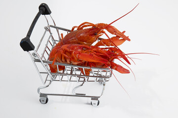Boiled red crayfish lobsters on a shopping basket, funny photo for supermarkets and shopping
