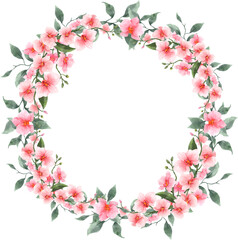 Fototapeta na wymiar Watercolor Pink Orchid Flower and Leaves Wreath Illustration