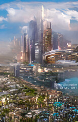 Fototapeta premium Futuristic abstract City. Modern Digital illustration.Vector