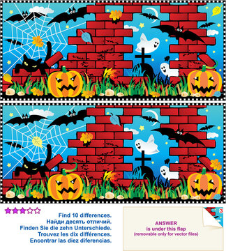 Visual puzzle: Find the ten differences between the two pictures - Halloween night, pumpkin field, ruine, cemetery, ghosts, bats, black cat, spider web. Answer included.
