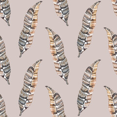 Seamless pattern watercolor brown bird owl feather with stripe on gray background. Hand-drawn plume. Wildlife tropic art. Creative for sticker wallpaper wrapping textile. Celebration wedding invite