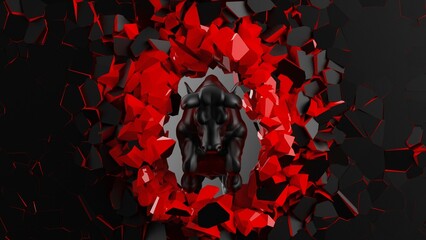 One charging black bull destroys the black-red wall with particles in dramatic contrasting light representing financial market trends under black-white background. Concept 3D CG of stock market.