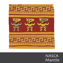 Nazca mantle, figures and geometric shapes, lines, animals. Nazca - Peru textiles.