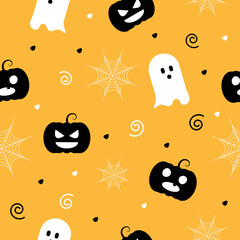 Halloween seamless pattern with pumpkin jack o lantern, ghost, spider web in Orange background. Halloween greeting cards. holiday season wallpaper, gift paper, pattern fills, web page background.