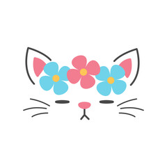 Cute cat face vector Decorate the head with colorful flowers. Isolated on background.