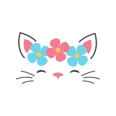 Obraz na płótnie Canvas Cute cat face vector Decorate the head with colorful flowers. Isolated on background.