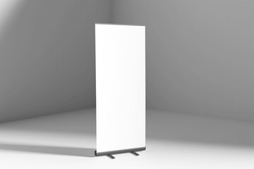 Blank white roll-up banner display mockup on the wall background, isolated, 3d rendering, clean object