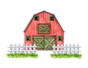 Red barn with white fence. Watercolor illustration. Vintage style farm, ranch house. Red wooden barn edged with white fence and green grass. Farm and countryside element. White background