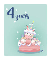 Birthday party greeting card template with cute pony in the cake and set of numbers. Four years anniversary poster for kids. Bright holiday illustration with funny fairy tale character