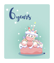 Birthday party greeting card template with cute pony in the cake and set of numbers. Six years anniversary poster for kids. Bright holiday illustration with funny fairy tale character