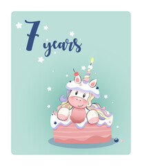 Birthday party greeting card template with cute pony in the cake and set of numbers. Seven years anniversary poster for kids. Bright holiday illustration with funny fairy tale character