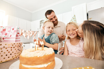 Family birthday party, smile in home kitchen, happy mother kiss girl child, children love fun...