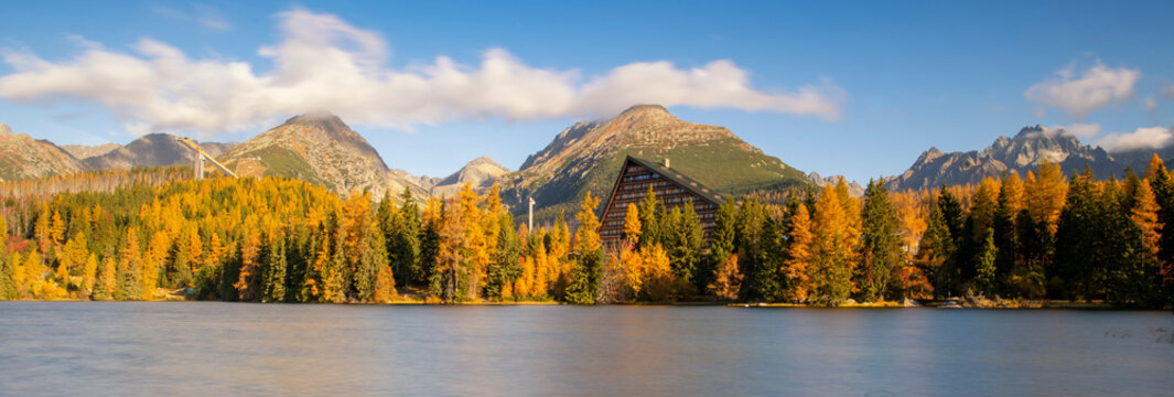 Autumn landscape of Strbskie Pleso in Slovakian Tatra mountains