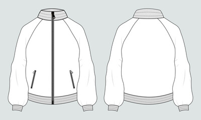 Long sleeve with zipper and pocket jacket sweatshirt overall technical fashion flat sketch vector illustration template front and back view. Apparel sweater Jacket  Flat drawing vector mock up CAD.