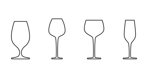 A set of glass icons. Vector illustration. A glass for water, red wine, white wine, champagne. A set of glass icons. Vector illustration. Product labeling. Linear drawing on a white background.