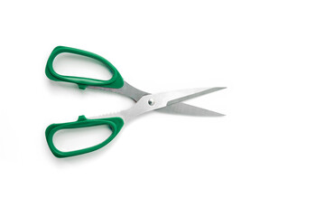 Green scissors isolated on white background.
