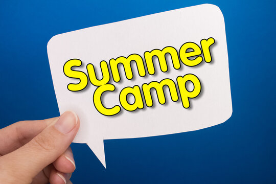 Speech bubble in front of colored background with Summer Camp text.
