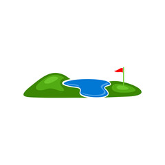 golf course view with flag and lake logo icon vector stock illustration