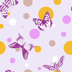 vector seamless pattern with butterflies and rounds at light lilac background, hand drawn background