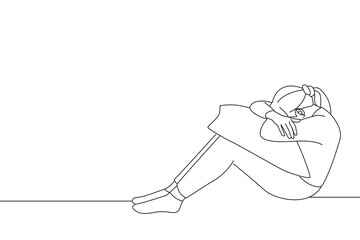Drawing of woman sit depression and anxiety with white background for copy space.. One line art
