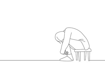 Cartoon of woman sitting alone and depressed. Line art style