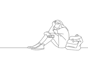 Drawing of upset and depressed girl holding smartphone sitting on college campus floor holding head. Oneline art drawing style