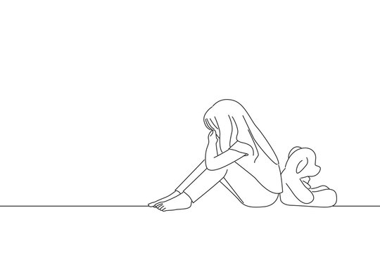 recommend clip art: Illustration of little autistic girl with teddy bear sitting on floor at empty room. Autism concept. Outline drawing style art