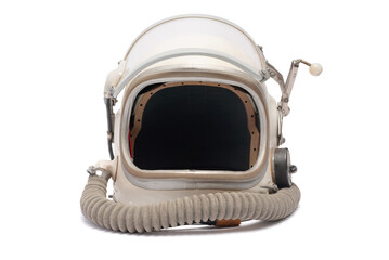 Old space helmet isolated on the white background concept. Pilot helmet with open visor. Front view.