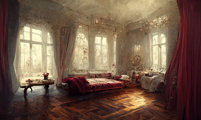 Fototapeta premium old abandoned elegant room , cinematic light atmospher , digital illustration,