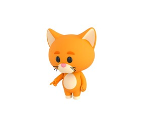 Orange Little Cat character pointing to the ground in 3d rendering.